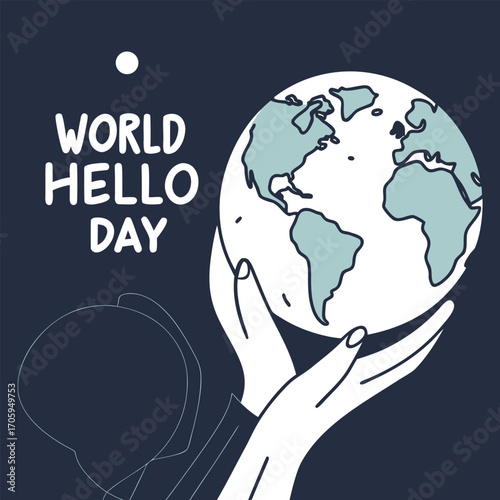 Two hands carefully hold up a stylized earth globe on a navy background