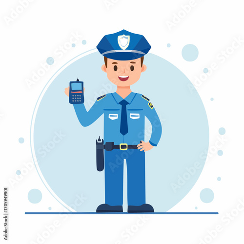 Friendly cartoon police officer standing in uniform and holding a walkie-talkie, embodying the concept of law enforcement, public safety, and essential community service