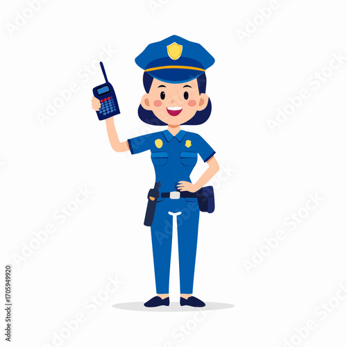 Illustration of a friendly female police officer in uniform holding a walkie-talkie, symbolizing law enforcement and community safety