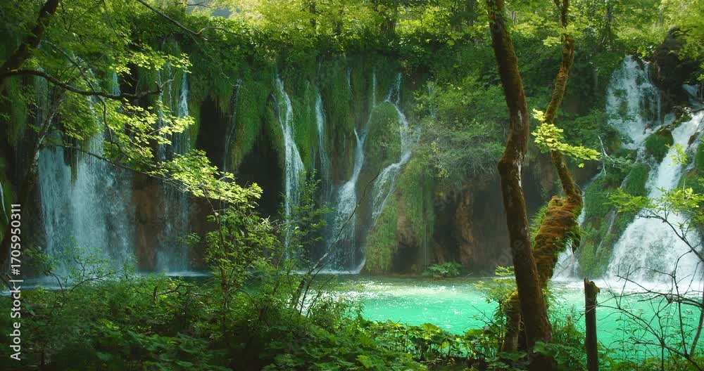 custom made wallpaper toronto digitalLush green forest and stunning cascading waterfalls surround emerald lake