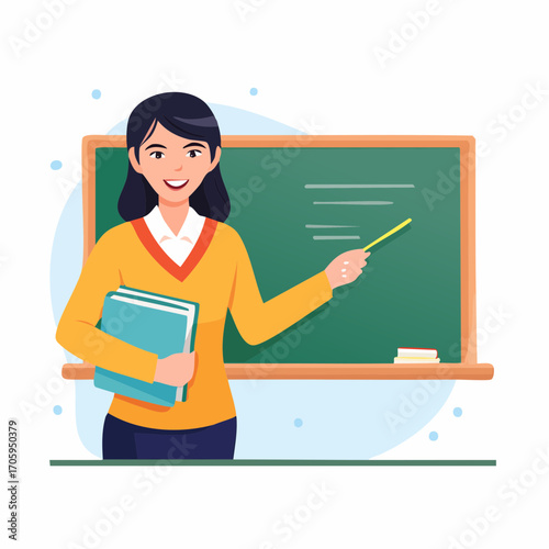 A cheerful female teacher stands in front of a blackboard holding a book and a pointer, ready to teach