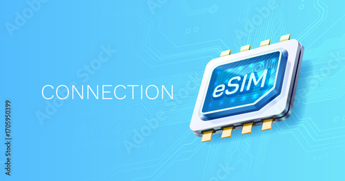E-Sim chip banner, mobile communication with the operator. Vector illustration