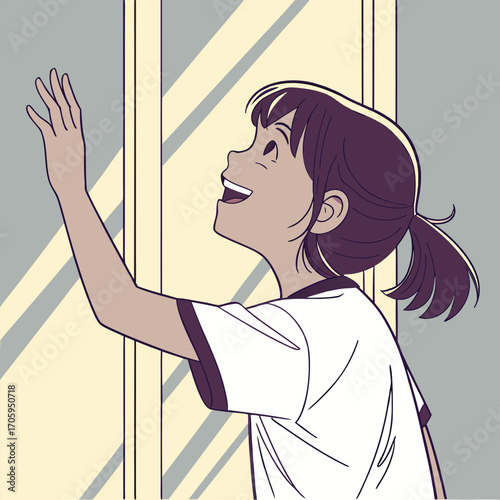 Animated Asian girl wearing a shirt looks up and touches a reflective window