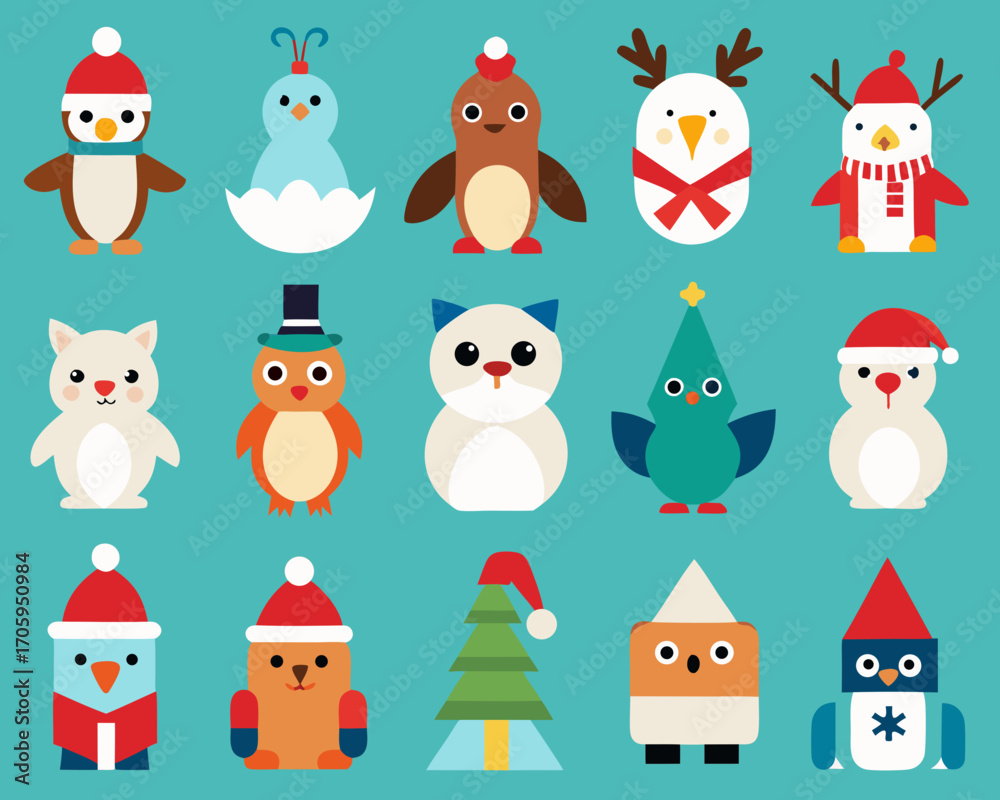 Naklejka premium Cute christmas animals and characters collection
