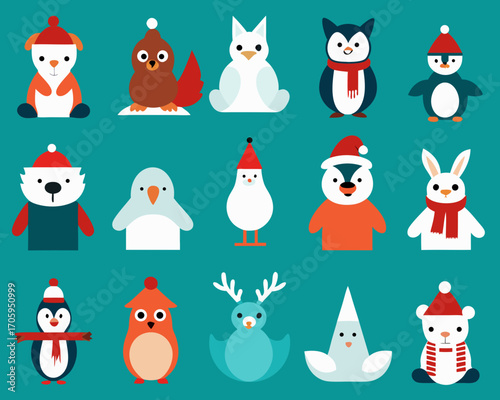 Cute cartoon winter animals wearing christmas hats and scarves