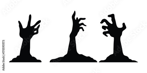 Zombie Hand Silhouette Vector. Creepy Halloween Clipart, Undead Hand Rising from Grave. Horror Vector Illustration