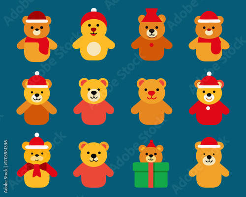 Collection of adorable cartoon teddy bears in festive winter attire