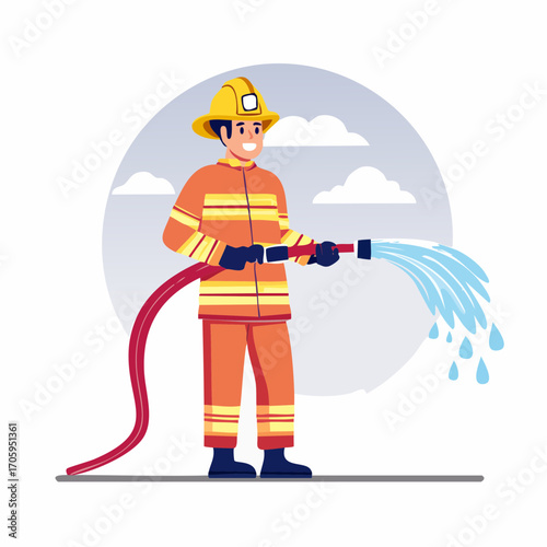 Courageous firefighter character in full protective gear and yellow helmet spraying water from a hose. Professional rescuer flat vector illustration