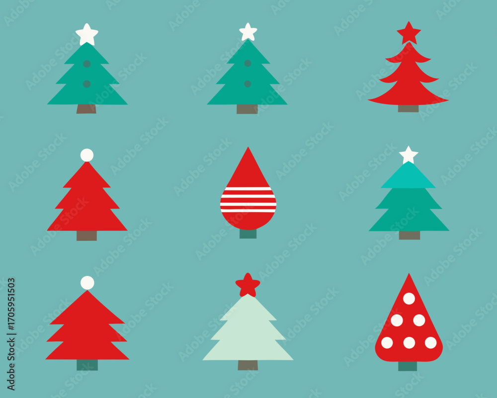 Obraz premium A collection of stylized christmas trees in teal and red