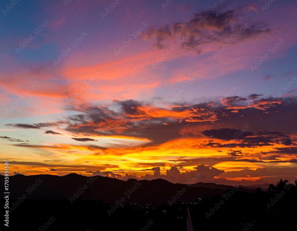 Fototapeta premium Dramatic sunset over silhouettes of hills