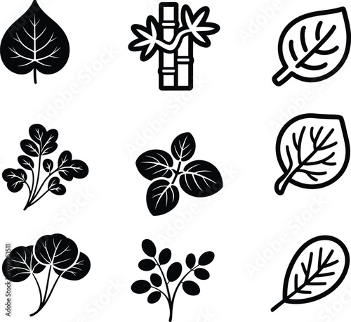 Collection of nine stylized black and white plant and leaf icons