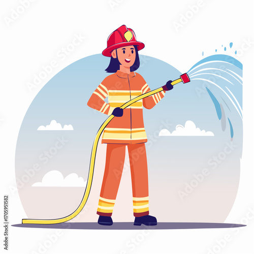Illustration of a Firefighter in Uniform Holding a Hose with Water Spray