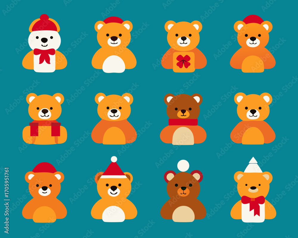 Fototapeta premium Collection of adorable teddy bears in festive winter attire