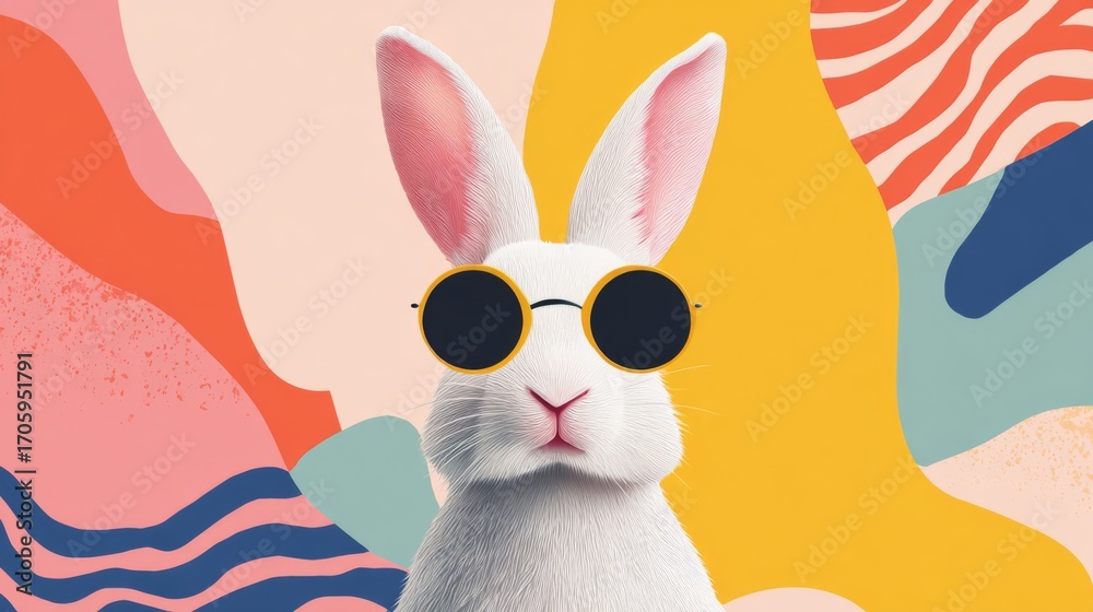 Obraz premium White fluffy rabbit wearing black sunglasses sits against an abstract colorful background