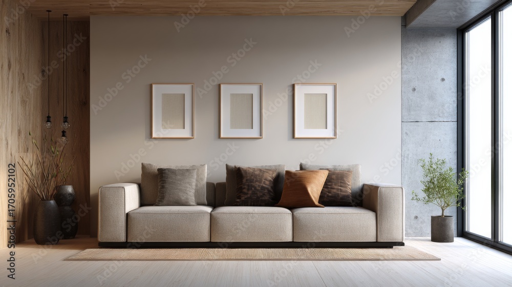 Fototapeta premium Beige fabric sofa with decorative pillows set against a neutral wall framed by natural wood panels