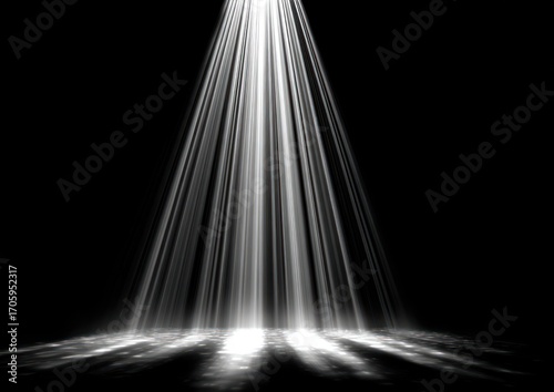 Beams of light converge, creating a bright spot against a dark background, casting blurred reflections onto the surface below