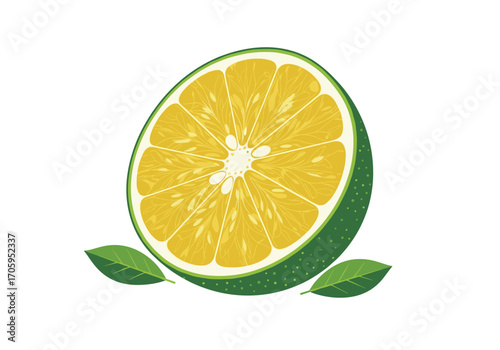 A halved green citrus fruit with a yellow interior and two green leaves.