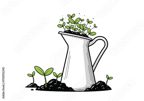Watering can overflowing with healthy green seedlings growing from fertile soil.
