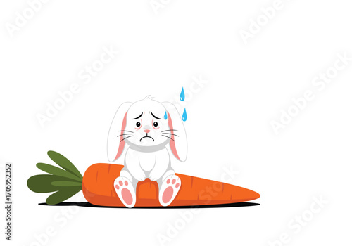 A sad bunny sits on a giant carrot feeling worried.
