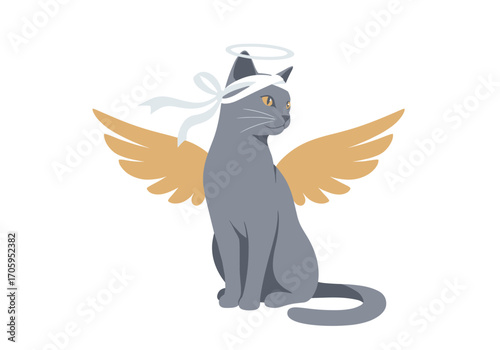 An angelic cat with golden wings and a halo is depicted in this illustration.