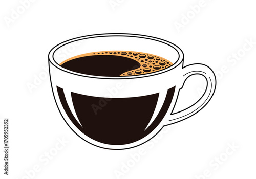 A steaming cup of hot black coffee with frothy foam.