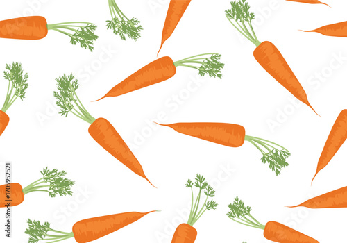 Seamless pattern of fresh organic carrots with green leafy tops.