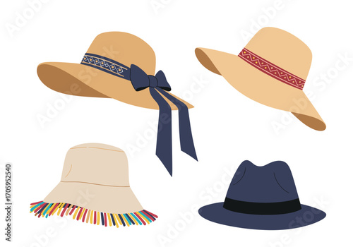 A charming collection of four stylish summer hats for women.