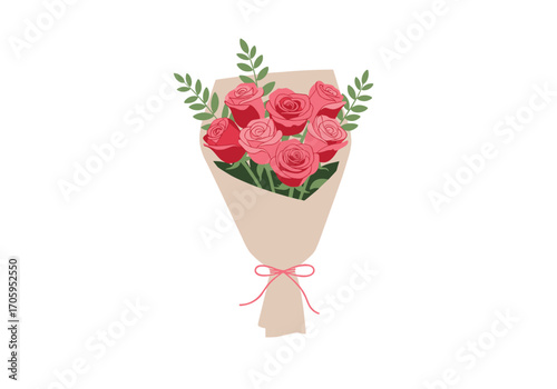 A beautiful bouquet of pink roses tied with a ribbon.