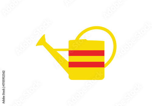 A yellow watering can with red stripes is shown on a white background.
