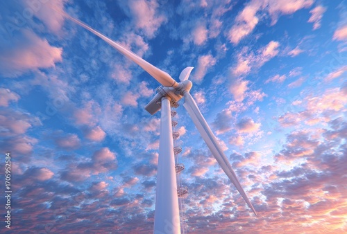 Tall white wind turbine stretching into a vividly colored sky with wispy clouds at sunset or sunrise, viewed from a low angle