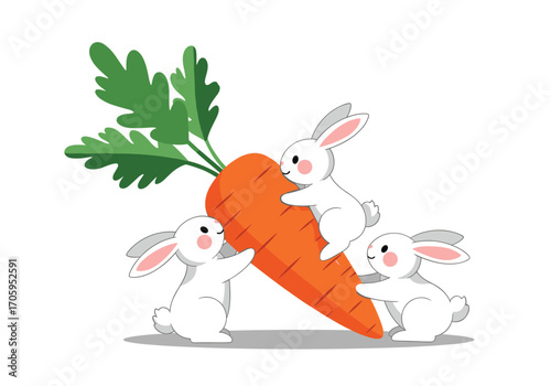 Cute fluffy bunnies try to eat a giant carrot together on white background.