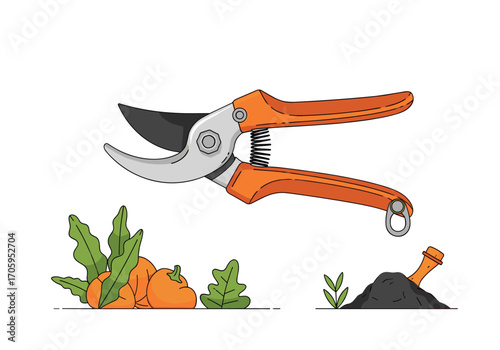 Garden pruning shears for harvesting ripe vegetables and planting new seedlings.