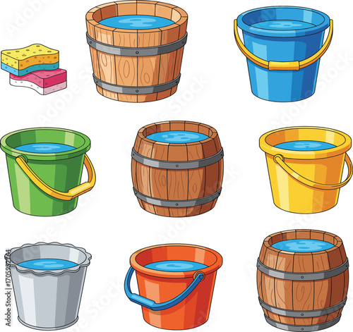 Water buckets, cleaning tools, sponge illustration, colorful containers, cartoon clipart, household items, vector set, washing supplies, plastic bucket, wooden bucket, metal bucket, 