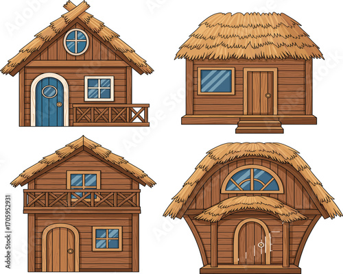 Wooden houses, rustic architecture, cartoon cabins, fantasy homes, vector illustration, cozy dwellings, rural buildings, cottage design, cute clipart, traditional structures, timber construction, 