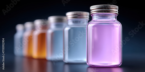 Advancements in ai therapeutics and medical science raise important questions about ethics. row of glass vial with purple liquid symbolizes innovation in biotechnology