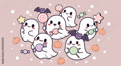 Spooky Cute Halloween Ghosts with Candy and Pumpkins Illustration