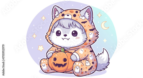 Adorable kawaii wolf pup in a festive Halloween costume holding a jack-o-lantern, a cute anime-style vector illustration for seasonal greetings and designs