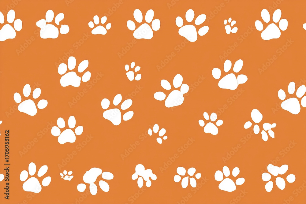 Seamless vector pattern featuring scattered white paw prints on orange background Seamless vector pattern featuring scattered white paw prints on orange background
