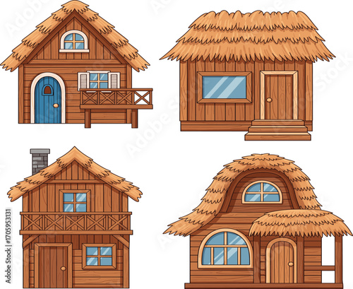 Wooden houses, rustic cabins, cartoon architecture, cozy homes, vector illustration, countryside buildings, fantasy cottages, cute clipart, timber structures, thatched roof, balcony detail, 
