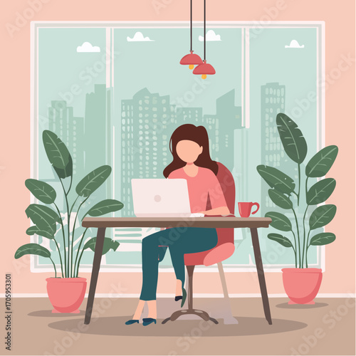 A woman working from home at her desk, surrounded by plants, with a city view in the background