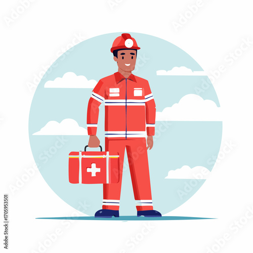 Multicultural emergency services professional standing with a medical kit. Flat vector character illustration of a first responder paramedic on duty