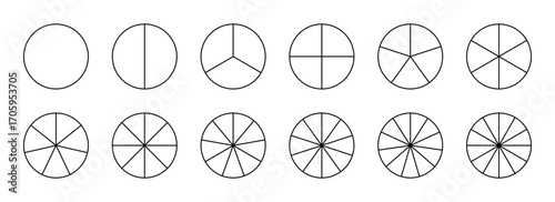 Parts of diagram wheel from 1 to 12. Template of pie chart. Coaching blank. Segmented charts. Sectors divide the circle on equal parts. Outline black graphics. Pie charts, pizza charts set. 12 circles