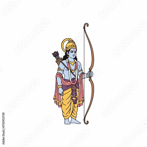 Illustration of Rama, a Hindu deity, standing with a bow and arrow in a vintage style, dressed in traditional attire with a quiver on his back.