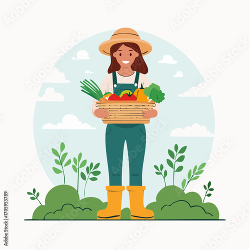 Smiling female farmer in a straw hat holding a wicker basket filled with a fresh harvest of organic vegetables. Flat vector illustration