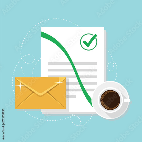 Document with checkmark, envelope, and coffee cup on blue background paper tick