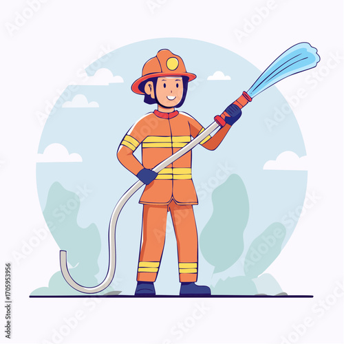 Brave Firefighter with Hose Battling Blaze A Courageous Hero
