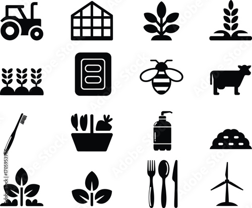 Collection of black and white icons representing agriculture and farming concepts