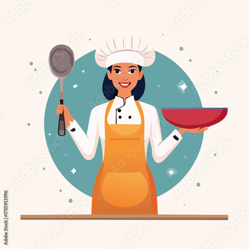 Smiling Female Chef in Uniform Holding Cooking Utensils