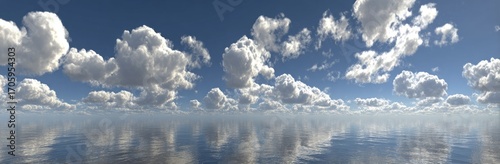 Wide, bright horizon with fluffy cumulus clouds reflecting softly on still water under a light blue sky