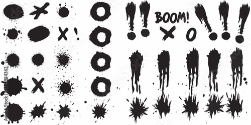 Collection of black ink splatter paint brush strokes and comic style elements